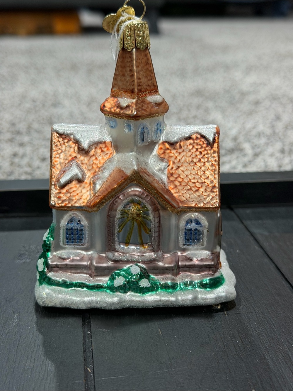 Old World Christmas Glass Church Holiday Ornament - Copper Roof, White & Green